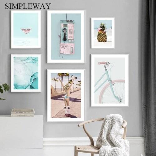 Tropical Sunshine Beach Pineapple Bicycle Poster Seascape Canvas Painting Print Landscape Wall Art Picture Home Room Decoration