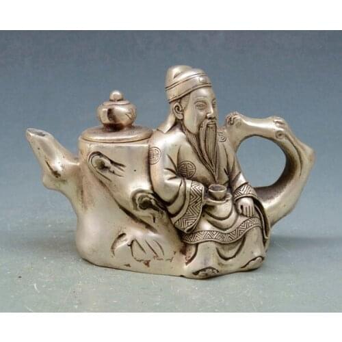 Decoration white Copper silver factory Ancient Chinese White Copper Teapot , Carved with the God of Wealth Leaning On the Tree