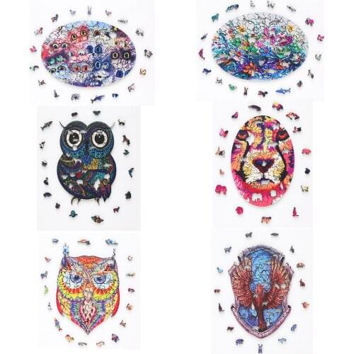 Thicken Unique Wooden Animal Jigsaw Puzzles Mysterious Wolf Owl 3D Puzzle Game For Adults Kids Montessori Childrens Toys Gift
