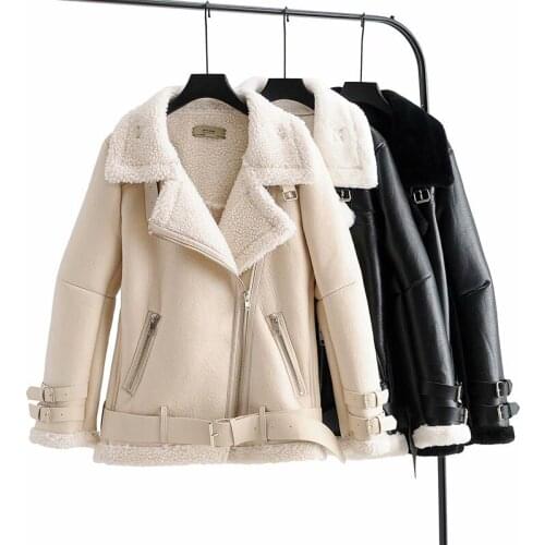 Outerwear High Quality Coat Lamb Wool Motorcycle Lapel Winter Warm Casual Womens Clothing Plus Velvet Thick Women PU Coat JK285