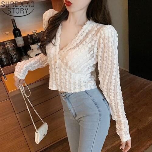Korean Sweet Women Casual White Black Lace Shirt Women Long Sleeve Tops Autumn V-neck Vintage Elegant Blouse Blusas Mujer 11841