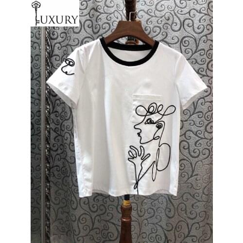 Quality & Tees High 2020 Spring Summer Casual T-Shirt Women O-Neck Abstract Embroidery Short Sleeve Black White Basic Tops