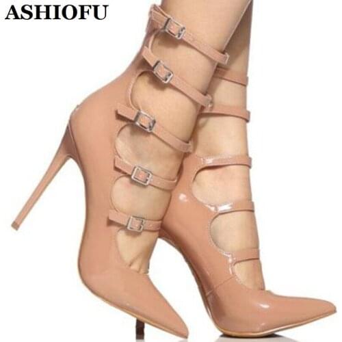 ASHIOFU Handmade New Women High Heel Pumps Five-buckle Straps Party Dress Shoes Office Pointy Evening Fashion Court Shoes