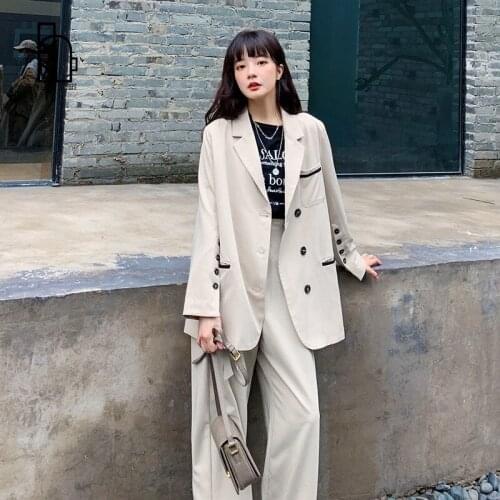 Luck A Korean Loose 2 Piece Outfits Vintage Long Sleeve Solid Blazer With Belted Pants Casual Business Set Womens Office Suit