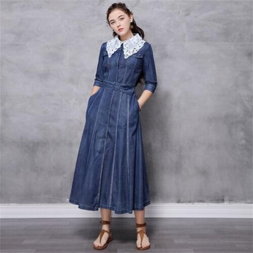 Women A line Single Breasted Dress 2020 Vintage Summer Slim Lace Womens Denim Dress Belt Half Sleeve Vestidos