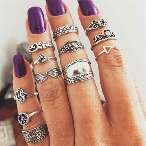 12pcs / set Vintage Boho Punk Antique Flower Carved Midi Finger Ring Knuckle Ring Set Jewelry Rings For Women Bohemian Rings