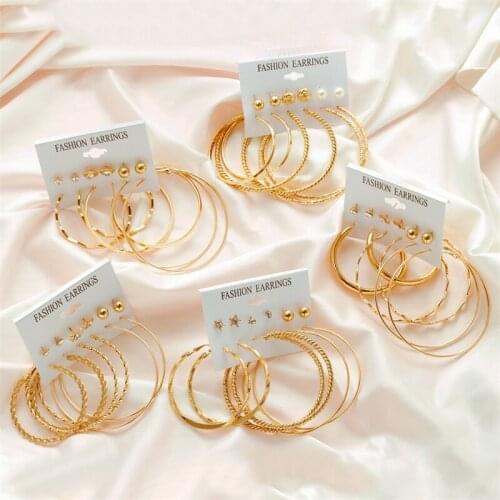 6 Pairs Fashion Womens Earrings Combination Metal Big Round Zircon Bead Ear Studs Charm Jewelry Piercing Golden Set Best Gift