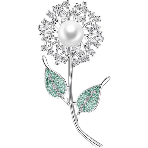 Fashion Trend Copper Brooch Cute Dandelion Green Leaf Flower Copper Zircon Brooch Backpack Dress Jewelry High Quality