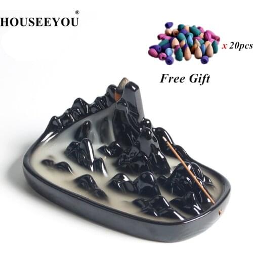 HOUSEEYOU Ceramic Censer Home Decor Creative Mountains Backflow Incense Burner Stick Incense Holder + 20 Pcs Incense Cones