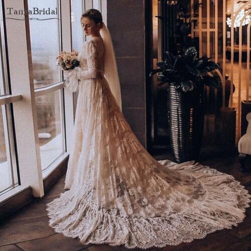 Lace Wedding Dresses Light Champagne Lining Long Sleeve A Line Bridal Gowns Luxury Long Train Beauty Noivas DW385