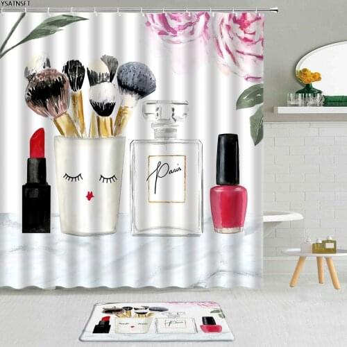 2Pcs Girl Fashion Cosmetic Shower Curtain Perfume Lipstick Nail Polish Brush Bathroom Curtains Non-Slip Bath Mat Set Decoration