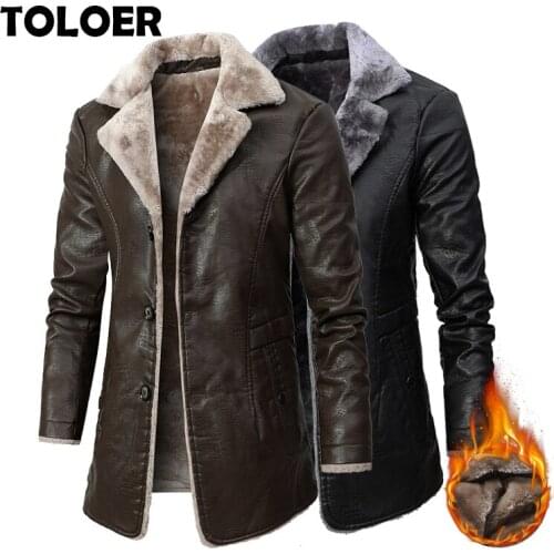 Men Long Fleece Leather Jacket Winter New Casual Thick Parkas Male Outfit Warm Vintage Pocket Breasted Faux Leather Jackets Coat
