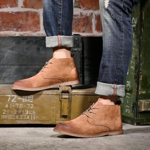 Mens Lace-Up Split Leather Shoes Desert Boots Breathable High Top Shoes Men Outdoor Casual Winter Booties Shoes Botas Homme