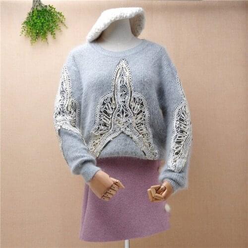 Female women grey hairy winter outwear sweater angora rabbit fur embroidery knitting mink fur pullover jumper sweater tops pull