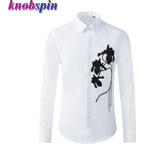 Black Rose Embroidery Mens Shirt Long Sleeve Luxury 100% Pure Cotton Shirts men Europe Fashion Casual Slim Camisas masculina