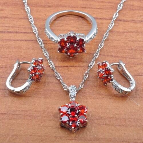 Silver Color Jewelry Set Best Gift Red Zirconia For Women Earrings Necklace Pendant Rings Set JS0499