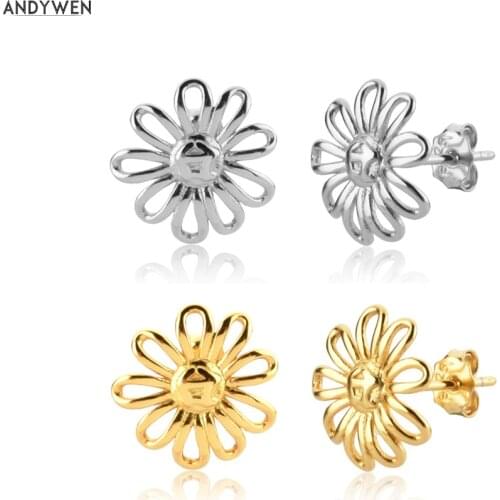 ANDYWEN 925 Sterling Silver Gold Flower Stud Earring Women Small Ting Luxury Jewelry Gift Party Rock Punk Jewels Piercing