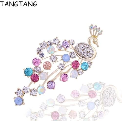 Unique Design Female Sparkly Golden Multicolor Opal Rhinestone Peacock Brooch Crystal Bouquet Corsage Jewelry For Women, BH8227