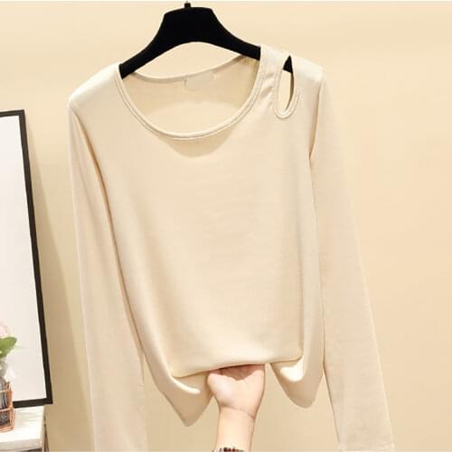 Cotton Tee Shirt Femme Casual O-Neck Solid Elasticity Hollow Out Long Sleeve Autumn Womens Clothing All-match Female T-Shirts