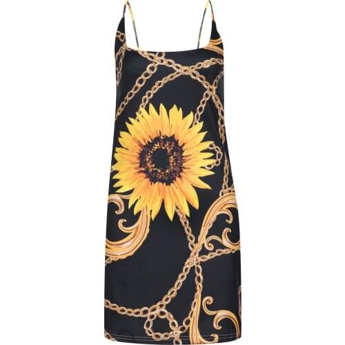 Womens Fashion Casual Dresses Sunflower Printing Camisole Bra Sleeveless Sexy Slim Dress Sexy Backless Dress Ropa Mujer #P3