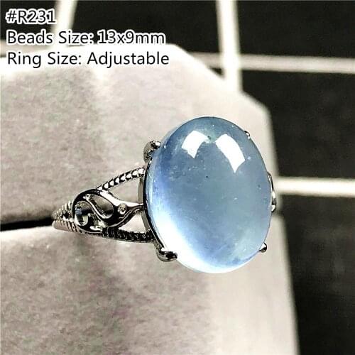 Top Natural Aquamarine Beads Jewelry For Women Lady Man Love Gift Silver Clear Gemstone Oval Crystal Adjustable Size Ring AAAAA