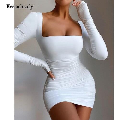 Kesiachiccly Autumn Winter Bandage Dress Women Square Collar Sexy Dress Long Sleeve Slim Elastic Bodycon Party Dresses Vestidos