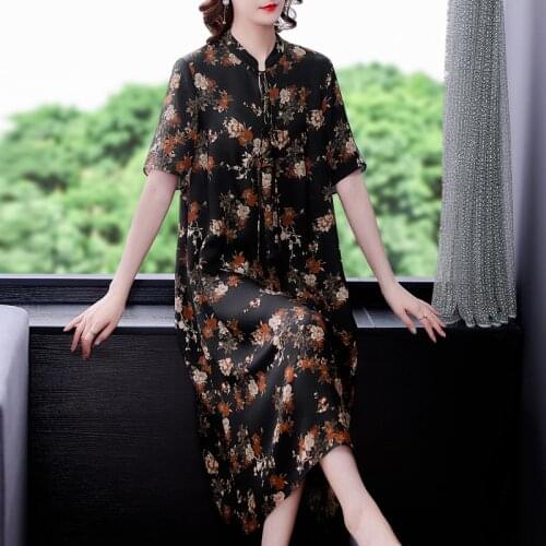 2021 Casual 4XL Plus Size Chiffon Beach Dress Women Elegant Bodycon Party Vestido Summer Vintage Floral Mulberry Silk Midi Dress