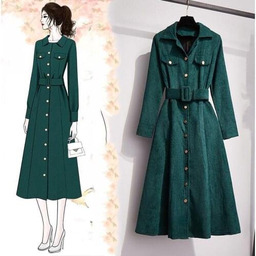 Corduroy dress female plus size 2021 spring and autumn new fashion with loose waist and loose casual mid-length dress