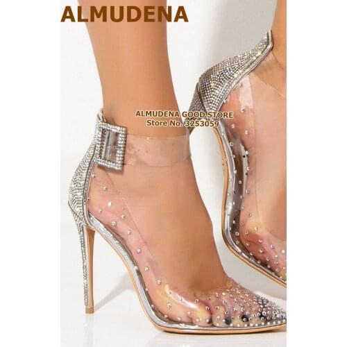 ALMUDENA Bling Bling Crystal Wedding Shoes Transparent PVC Dress Pumps Silver Rhinestone High Heels Square Buckle Strap Shoes