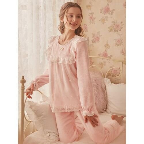 Free Shipping 2019 New Winter Princess Womens Winter Pink Yellow Sleepwear Pajamas Long Pants Set Home Coth camisolas de dormir