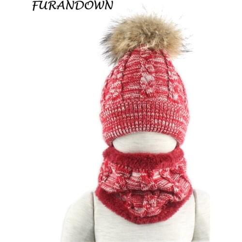 2019 Kids Winter Hat With Scarf Warm Fleece Inside Beanie Winter Cap Children Real Mink Fur Pompom Hat Twisted Knitted Skullies