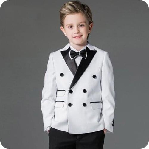Double Breasted White Boy Suits for Wedding Black Peaked Lapel Slim Child Wedding Suits Boys Costume Kids Blazers Ternos 3Piece