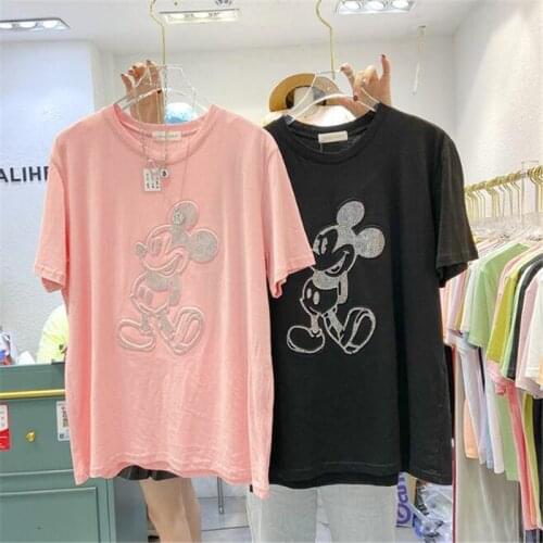 Disney Kawaii Mickey Mouse T-shirts Womens Clothing Rhinestone Summer Tee Shirt Female Diamond Short Sleeve Woman Tshirts Tops