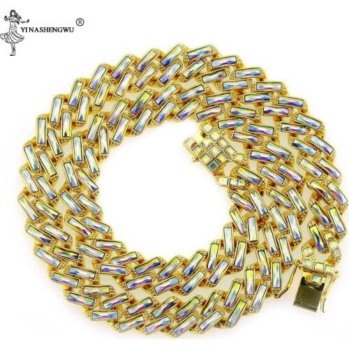 Hip Hop 1Set 15mm Gold Color Full Iced Out Paved Rhinestones Geometric Square Cuban Chain CZ Bling Rapper Necklaces Men Jewelry