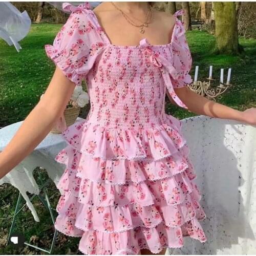 2021 Summer Ruffled Pink Print Short Sleeve Holiday Beach Style Boho Mini Dress Vocation with Bow