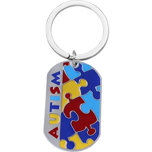 Fashion colorful autism puzzle label pendant keychain enamel craft metal nameplate long chain key chain