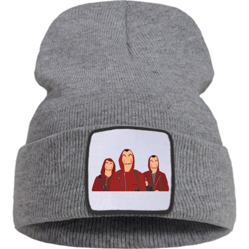 Cartoon Funny La Casa De Papel Print Ski Unisex Cap Fashion Warm Winter Caps Hot Sale Simple Knitted Caps Thick Skullies Cap