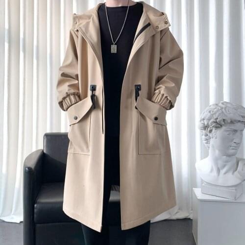 2021 Autumn Mens Trench Solid Color Oversized Long Jacket Fashion Big Pocket Hooded Trench Coats Male Clothing