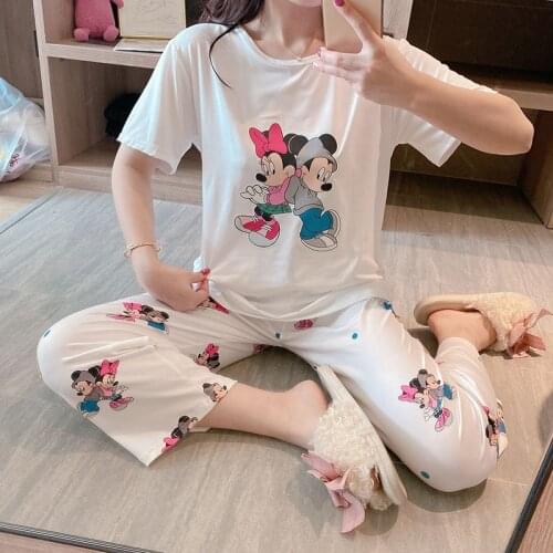 Disney Mickey lady nightgowns Spring summer trousers white snow printing pajamas women short sleeve loose milk silk sleepwear