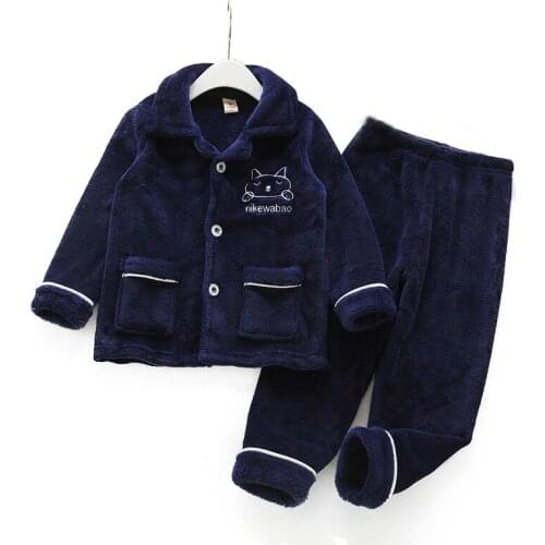 New Children Flannel Pajamas Set Autumn And Winter Boys And Girls Baby Cartoon Warm Two-Piece Powder Blue Eye Mask Home Service