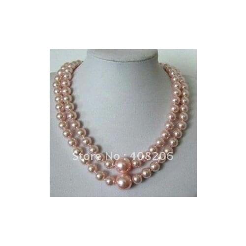 Charm 2 rows pink SHELL pearl pendant necklace