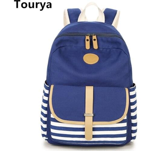 Tourya Preppy School Bags Backpack For Girls Teenage Cute Canvas Striped Printing Women Female Laptop Bagpack escolar mochilas