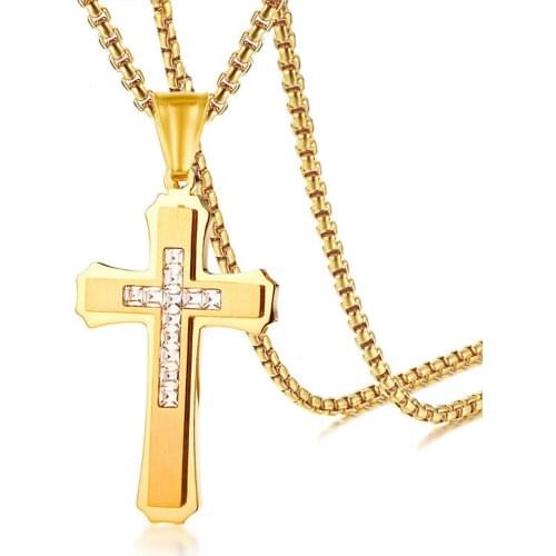 Top Design Punk Cubic Zircon Stainless Steel Gold Cross Crucufix Pendant Mens Womens Necklace Box Chain 24inch