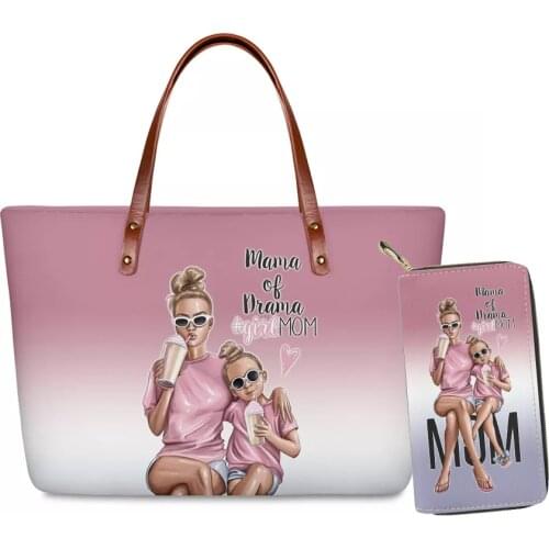 HYCOOL Loving Family Super Mom Kids Print Women Handbag& Wallet Set Fashion Outdoor Tote Shoulder Hand Bags Ladies Money Purses