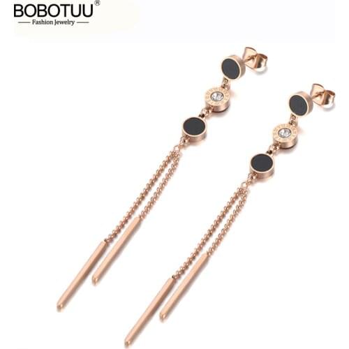 BOBOTUU Trendy Stainless Steel 3Pcs Roman Numerals Dangle Tassel Earrings For Women Crystal & Acrylic Earrings Jewelry BE19206