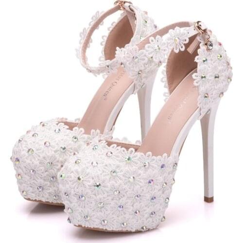 Crystal Qeen White Lace High-Heeled Shoes Platform Round Flower Bride wedding Shoes Wristband AB Color Diamonds Pumps Sandals