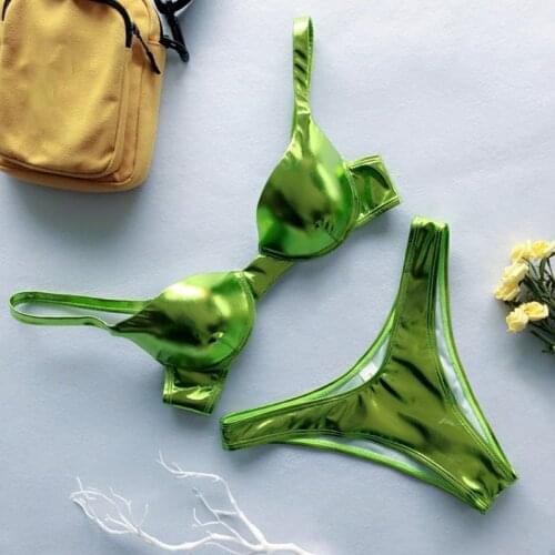 Women Sexy 2 Piece Brazilian Bikini Set Reflective Shiny Metallic Swimsuit Push Up Underwire High Cut Bathing Suit