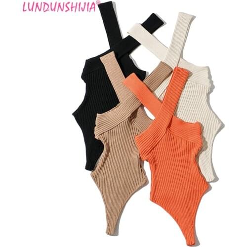 LUNDUNSHIJIA 2021 Summer Women Sexy Cross Halter Knitting Bodysuits Ladies Fashion Orange Sleeveless Jumpsuits Top