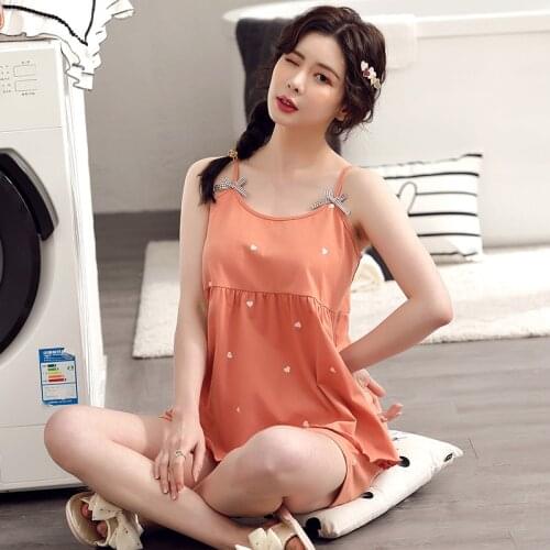 2021 Sling Shorts Set Summer Pajamas Womens Cotton Nightwear Simple Suit Fat MM Large Size Sexy Sleepwear Home Clothes Lingerie