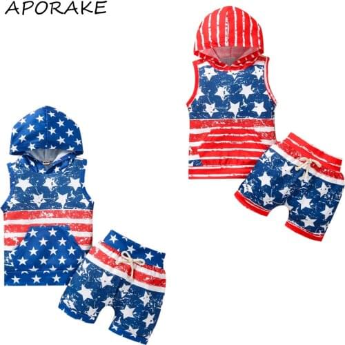 2021 0-4Y Casual Kids Baby Boy Clothing 4th Of July Stars and Striped Print Sleeveless Hooded Top With Pocket+Harem Short Pants